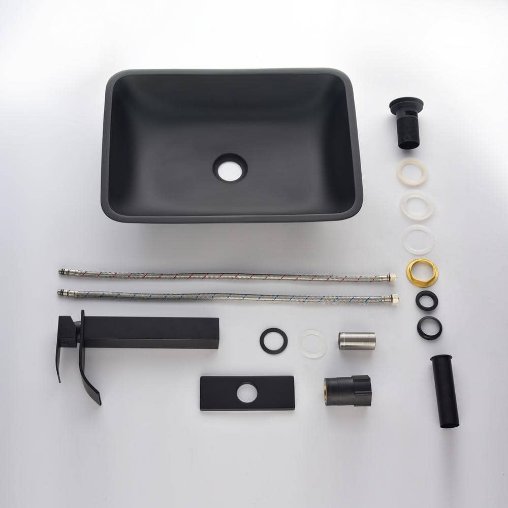 Matte Black Rectangular Glass Vessel Sink with Faucet