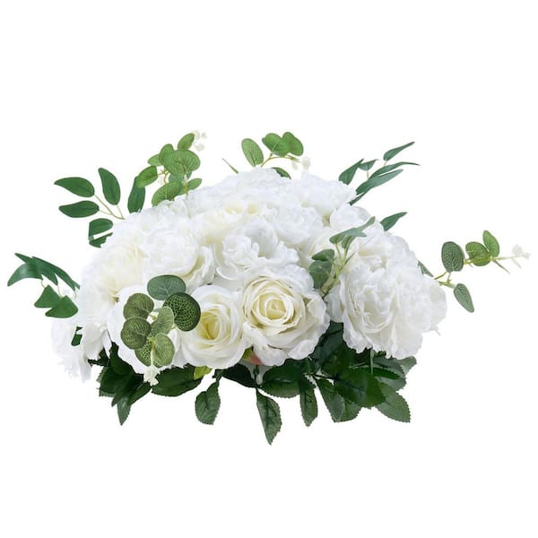 Flower Balls Arrangement Bouquet 10-Piece, 10.6 in. White Indoor/Outdoor Artificial Silk Rose Ball, for Table Decor
