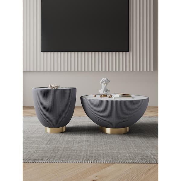 Manhattan Comfort Anderson 28.15 in. Grey Round Leatherette Upholstered Faux Marble Coffee Table with 18.43 in. End Table