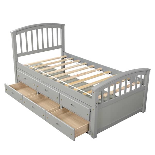 STICKON 78.97 in. W Gray Twin Size Solid Wood Platform Bed with 6-Drawers