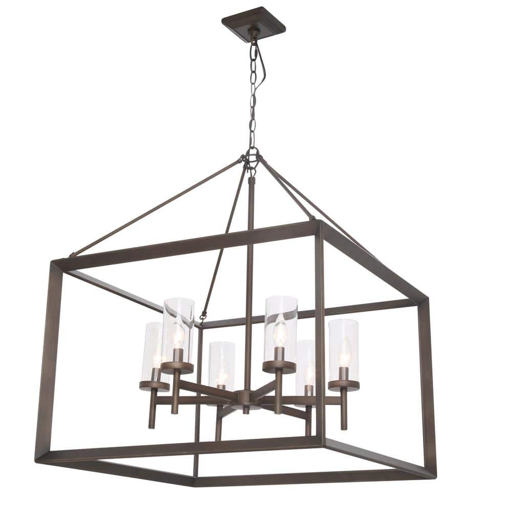 Contemporary Beveled Cage 6-Light Bronze Chandelier with Clear Glass