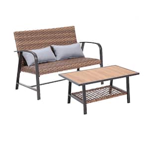 Brown 2-Piece Wicker Patio Conversation Set with Coffee Table and Gray Pillows