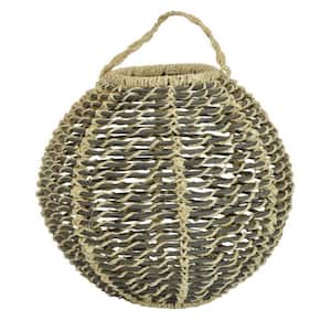 Beige and Gray Polyurethane Oval Shape Tabletop Decor Lantern with Woven Fiber Frame