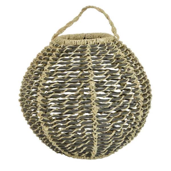 Benjara Beige and Gray Polyurethane Oval Shape Tabletop Decor Lantern with Woven Fiber Frame
