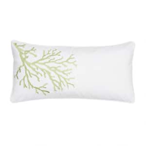 Biscayne White and Green Coral Embroidered 12 in. x 24 in. Throw Pillow