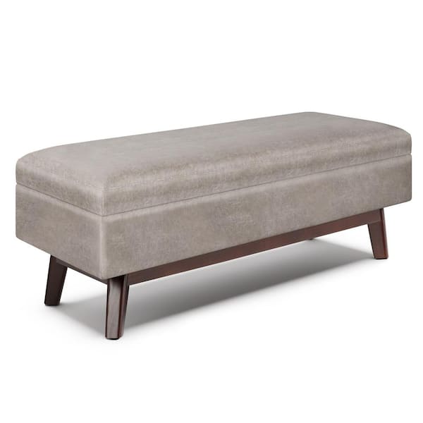 Simpli Home Owen 48 in. Wide Mid Century Modern Rectangle Rectangular Storage Ottoman in Distressed Grey Taupe Vegan Faux Leather