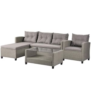 4-Piece Patio Furniture Set, Outdoor Rattan Wicker Conversation Set, Sectional Sofa Set with Table, Beige Brown Cushion