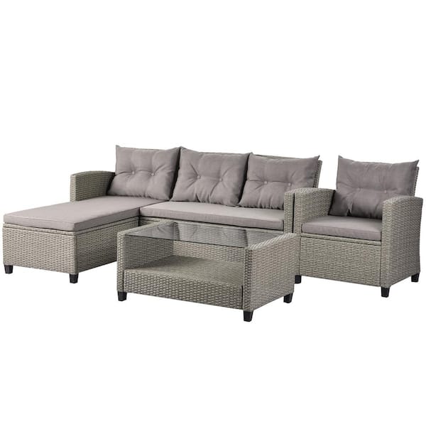 URTR 4-Piece Patio Furniture Set, Outdoor Rattan Wicker Conversation Set, Sectional Sofa Set with Table, Beige Brown Cushion