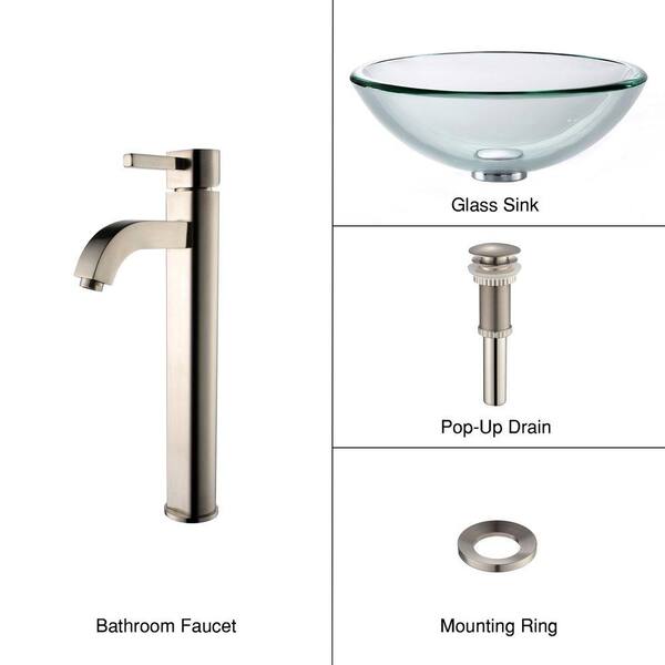 KRAUS 19 mm Thick Glass Vessel Sink with Single Hole Single-Handle High-Arc Ramus Faucet in Satin Nickel