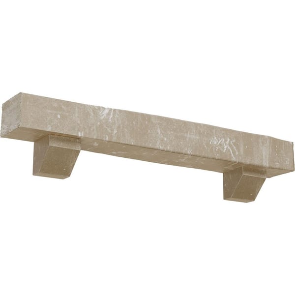 Ekena Millwork 4 in. x 4 in. x 5 ft. Knotty Pine Faux Wood Fireplace Mantel Kit, Ashford Corbels, Whitewashed