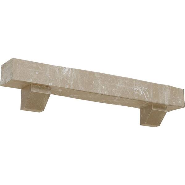 Ekena Millwork 8 in. x 8 in. x 6 ft. Knotty Pine Faux Wood Fireplace Mantel Kit, Ashford Corbels, White Washed