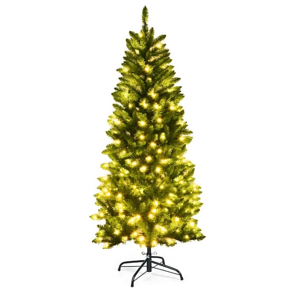 Gymax 5 ft. Pre-Lit Pencil Artificial Christmas Tree Hinged Fir Tree Holiday Decor with LED Lights