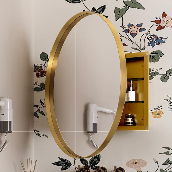 WELLFOR 31.5-in x 31.5-in Recessed Mount Gold Mirrored Round Medicine Cabinet