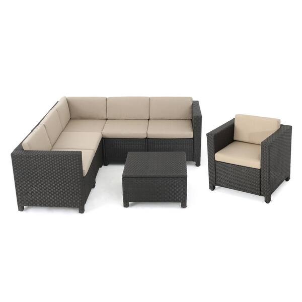 Noble House 7-Piece Wicker Patio Sectional Seating Set with Beige ...