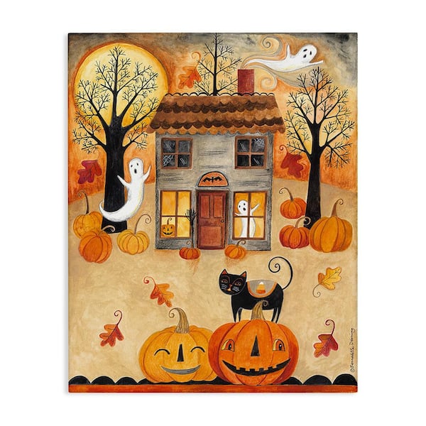 Stupell Industries Ghosts on Halloween Night by Bernadette Deming 1-Piece Unframed Graphic Print Architecture Art Print 20 in. x 16 in.