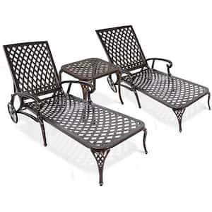 Antique Bronze Reclining Aluminum Outdoor Chaise Lounge Chairs with Adjustable Wheels and Table (2-Pack)
