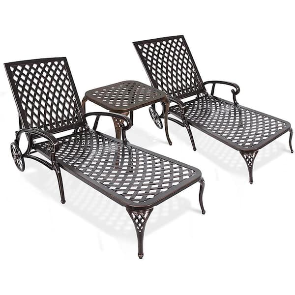HOMEFUN Antique Bronze Reclining Aluminum Outdoor Chaise Lounge Chairs with Adjustable Wheels and Table (2-Pack)