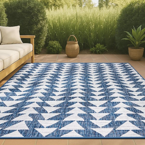 Andratx Modern Ivory/Blue 8 ft. x 10 ft. Tribal Geometric Indoor/Outdoor Area Rug