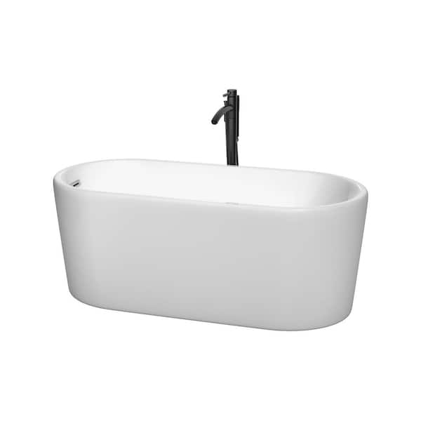 Wyndham Collection Ursula 59 in. Acrylic Flatbottom Bathtub in White with Polished Chrome Trim and Matte Black Faucet