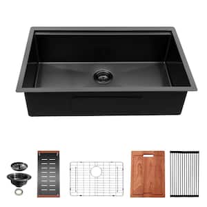 30 in. Undermount Single Bowl 16 Gauge Gunmetal Black Stainless Steel Workstation Kitchen Sink with All Accessories
