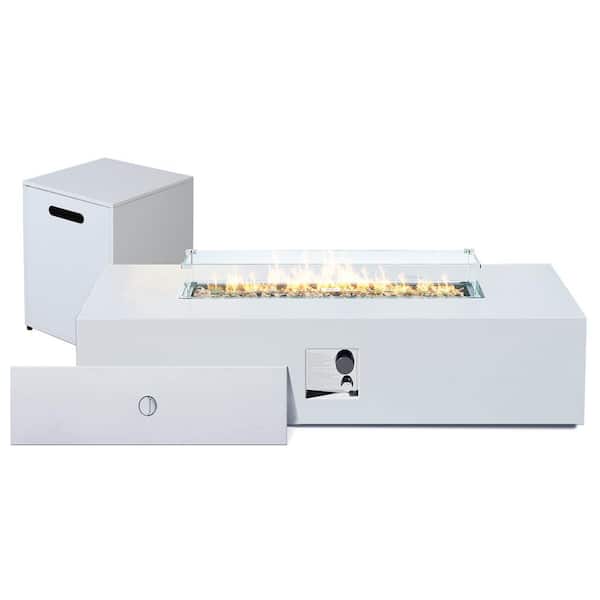 UPHA 56 in. Outdoor Rectangular Iron White Fire Pit Table with Propane Tank Holder and Glass Wind Guard