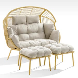 Corina Yellow Outdoor Patio Wicker Oversized Stationary Egg Chair Loveseat with Beige Cushions and Ottomans