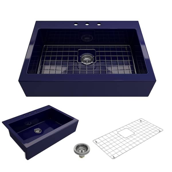 BOCCHI Nuova Sapphire Blue Fireclay 34 in. Single Bowl Drop-In Apron Front Kitchen Sink with Protective Grid and Strainer