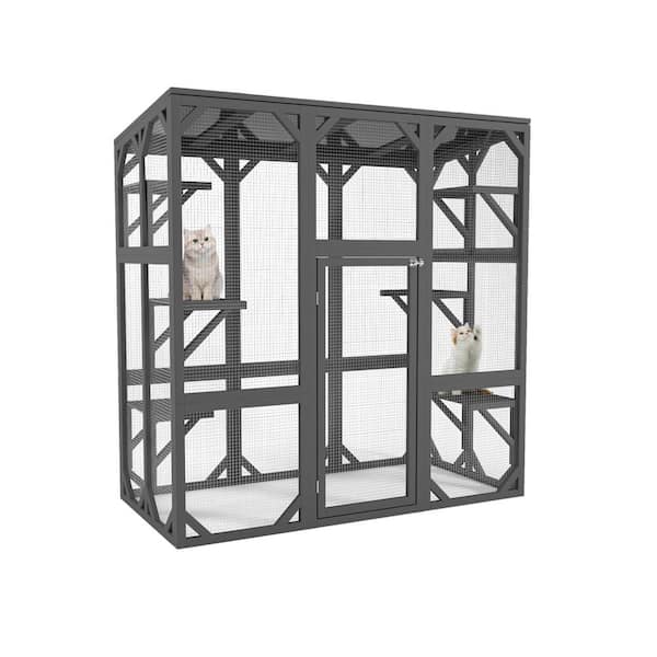 Tunearary 60 in. Gray Large Multi-Level Wooden Cat House Night Cat Shelter with Entry Door, Waterproof Roof and Open Water Filter