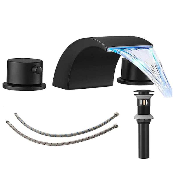 FLG 8 in. Widespread Double-Handle LED Bathroom Faucet with Pop-up Drain Assembly in Matte Black