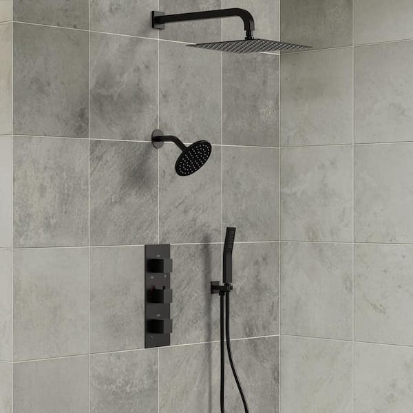 EVERSTEIN 5-Spray Square 12 in. Rain Wall Mount Shower System with 6 in. Shower Head Handheld shower in Matte Black 2.5 GPM