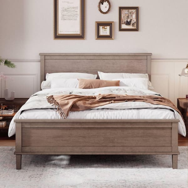 Brown Wood Frame Queen Platform Bed with Headboard and Wood Slat Support