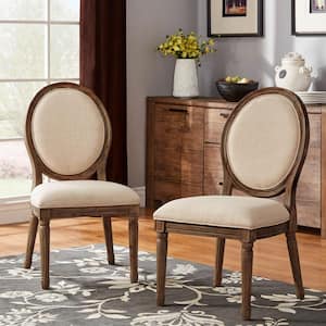 Brown Finish Beige Round Linen And Wood Dining Chairs (Set of 2)