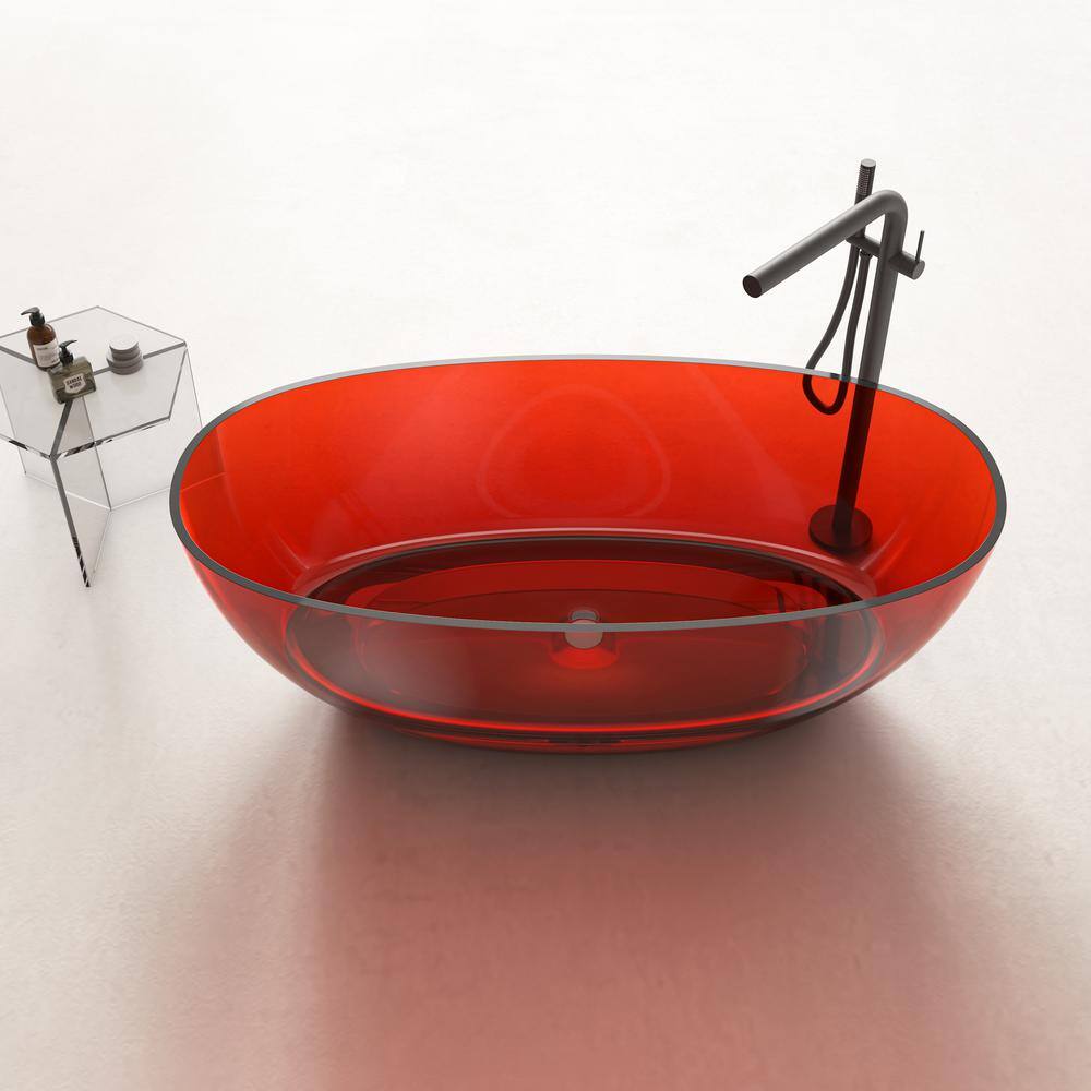 67" Pure Resin Red Freestanding Soaking Bathtub with Chrome Drain