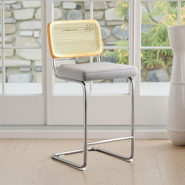 Lirago Light Gray Upholstered Velvet 26 in. Height Bar Stool with Rattan Back (Set of 2)