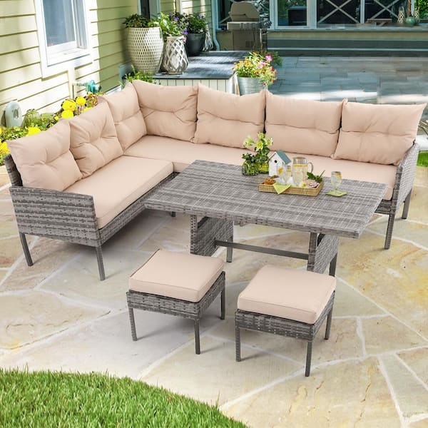 Unbranded 6-Piece Wicker Patio Conversation Set with Beige Cushions