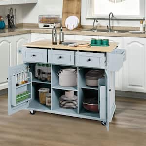 Gray Blue Wood 53 in. W Kitchen Island with Spice Rack and Towel Holder