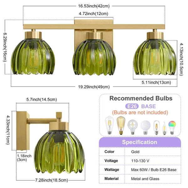 Deyidn 19.29 in. 3-Light Brushed Gold Modern Vanity Light with