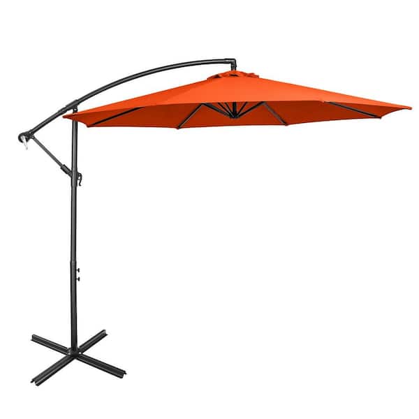 ANGELES HOME 10 ft. Iron Cantilever Tilt Offset Patio Umbrella with 8 Ribs Cantilever and Cross Base Adjustment in Orange