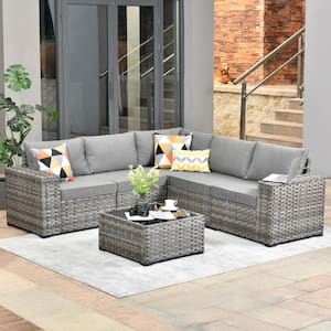 Tahoe Gray 6-Piece Wicker Extra-Wide Arm Outdoor Patio Conversation Sofa Set with Gray Cushions
