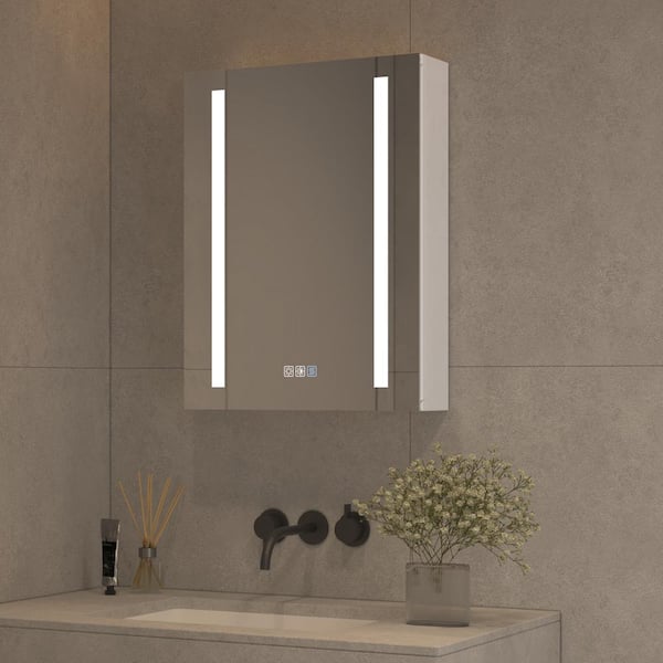 stufurhome Nns 20 in. W x 26 in. H Rectangular Silver Aluminum Recessed/Surface Mount Right Medicine Cabinet with Mirror and LED