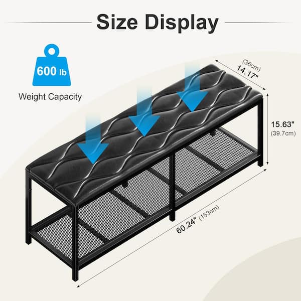 Bed Frame Black Metal Frame Full Platform Bed with USB Ports, Modern Bed with Headboard and Under-Bed Storage and Bench
