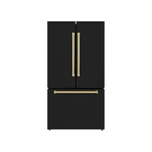 36 in. French Door Refrigerator, 20.3 Total Cu. Ft., Bottom Freezer Ice Maker, Glossy Black with Brass Trim