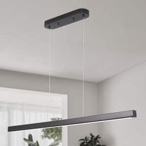 Ashline 23.5W 1-Light Black Farmhouse Ash Wood 3CCT LED Linear Pendant Light, 47.24 in. Adjustable Kitchen Island Light