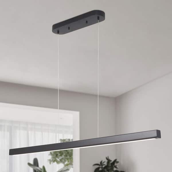 Ashline 23.5W 1-Light Black Farmhouse Ash Wood 3CCT LED Linear Pendant Light, 47.24 in. Adjustable Kitchen Island Light