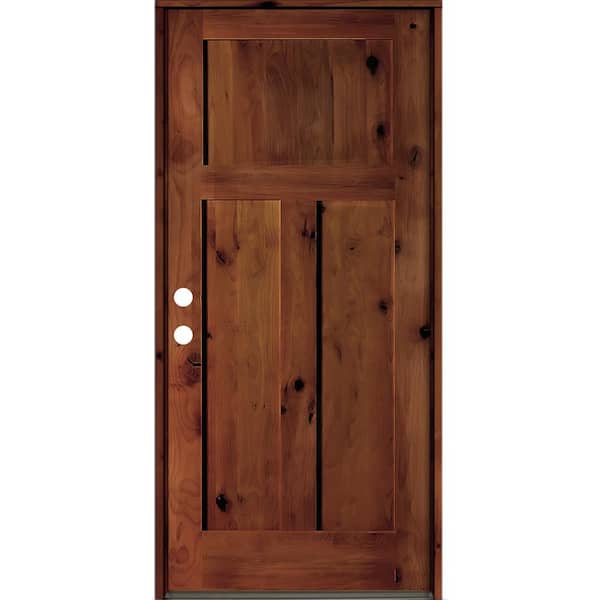 Krosswood Doors 32 in. x 80 in. Rustic Knotty Alder 3 Panel Right-Hand/Inswing Red Chestnut Stain Wood Prehung Front Door