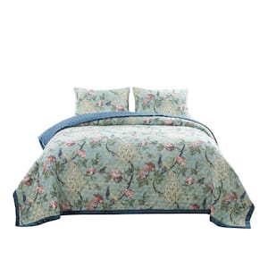 3-Piece Green and Blue Solid King Size Microfiber Quilt Set