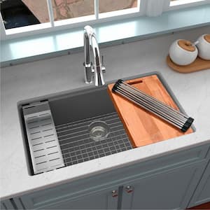 Quartz 32.5 in. Single Bowl Undermount Workstation Kitchen Sink in Grey