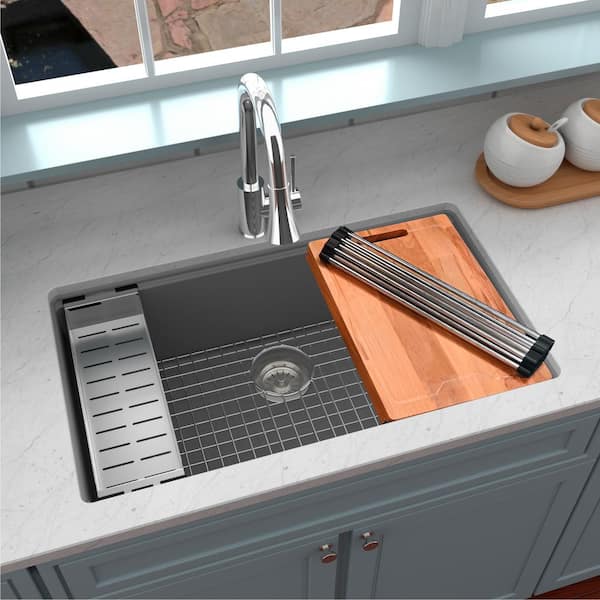 Quartz 32.5 in. Single Bowl Undermount Workstation Kitchen Sink in Grey