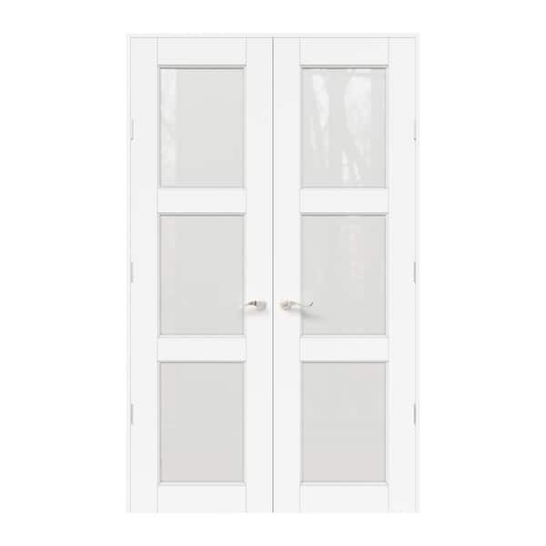 48 x 96 in. 3-Lite Frosted Glass Universal White Solid Core Glass Double Prehung French Door Plus Quick Assemble Jamb
