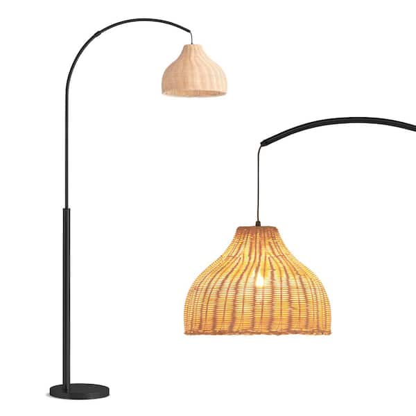 Lark 75 in Classic Matte Black Modern 9W 800Lm 3000K LED Contemporary Arc Floor Lamp With Beige Rattan Bell Shade